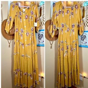 ANTHROPOLOGIE FIG AND FLOWER | Boho Mustard Tiered Maxi Dress - Women’s 2X